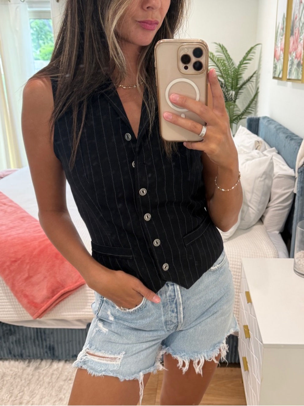 Black Pinstripe Sleeveless Button-Down Vest Top